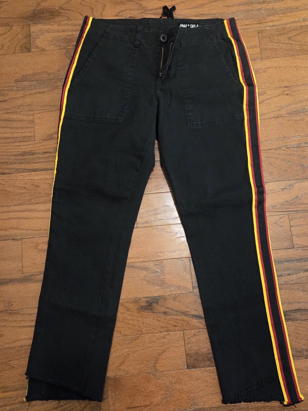 Pam & Gela Black Ankle Pants with Red and Yellow Side Stripes